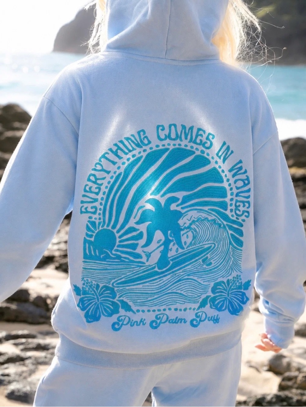 Pink Palm Puff "Everything Comes in Waves” Hoodie in Blue